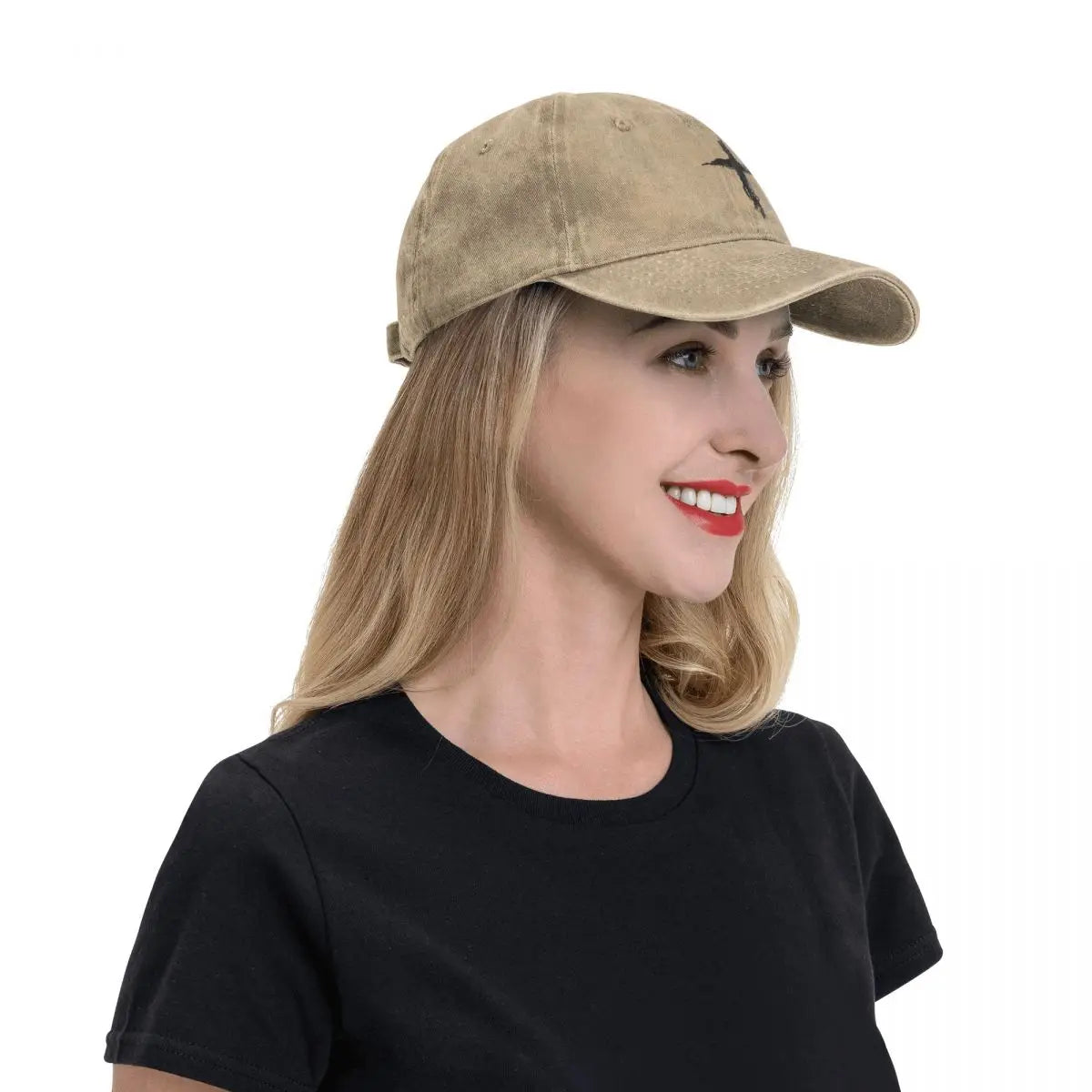 Woman wearing a beige cap with a small cross logo on a white background