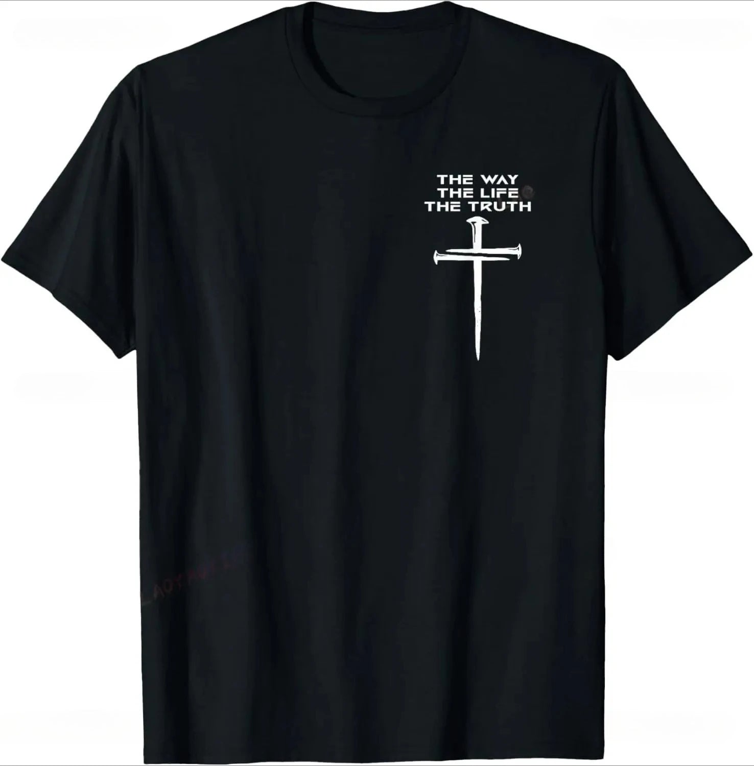 Black t-shirt with a white cross and text design on a white background