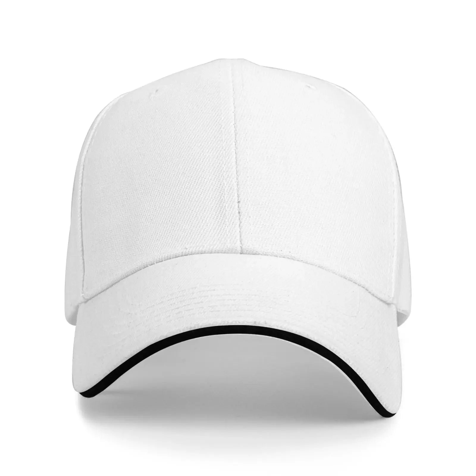 White baseball cap with black rim on a white background