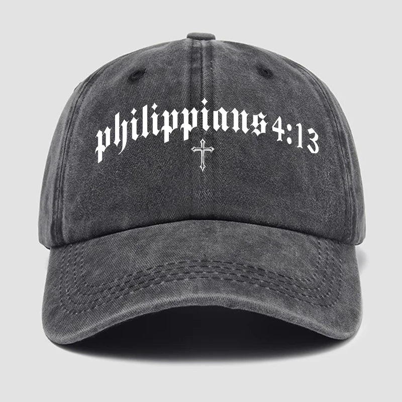 Gray cap with 'Philippians 4:13' text and cross on a light gray background