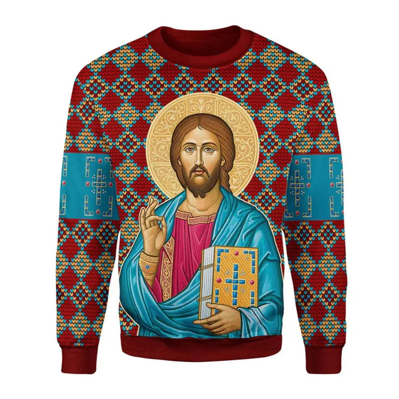 Sweater with a religious icon design on a geometric patterned background