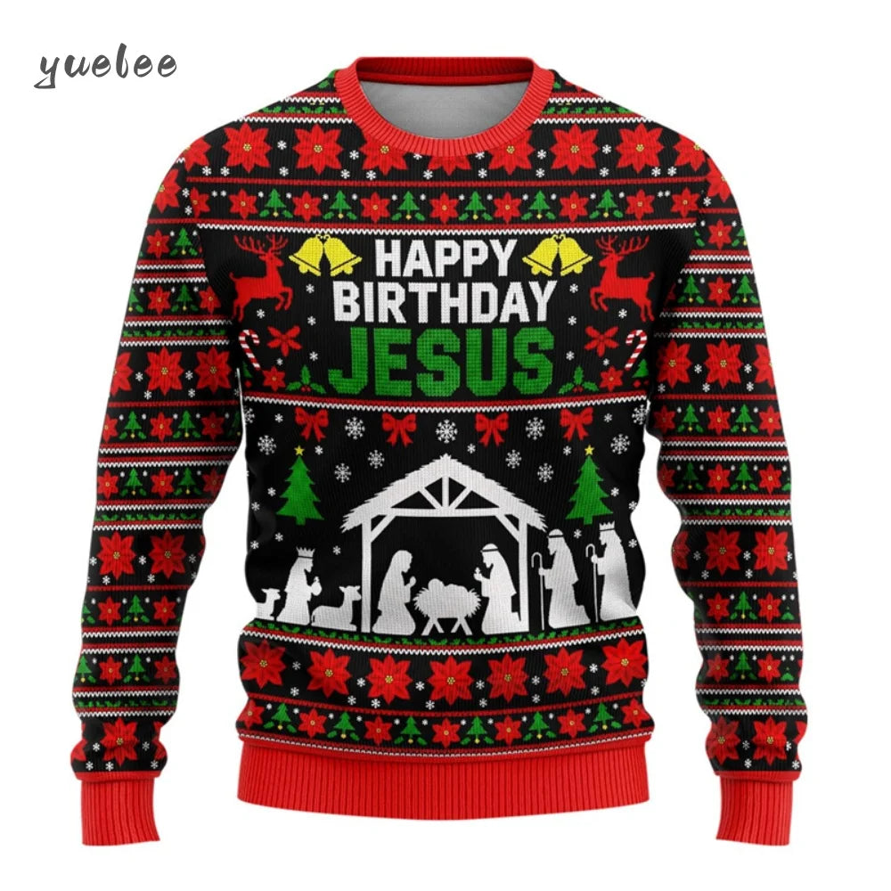 Christmas-themed sweater with 'Happy Birthday Jesus' text and nativity scene design.