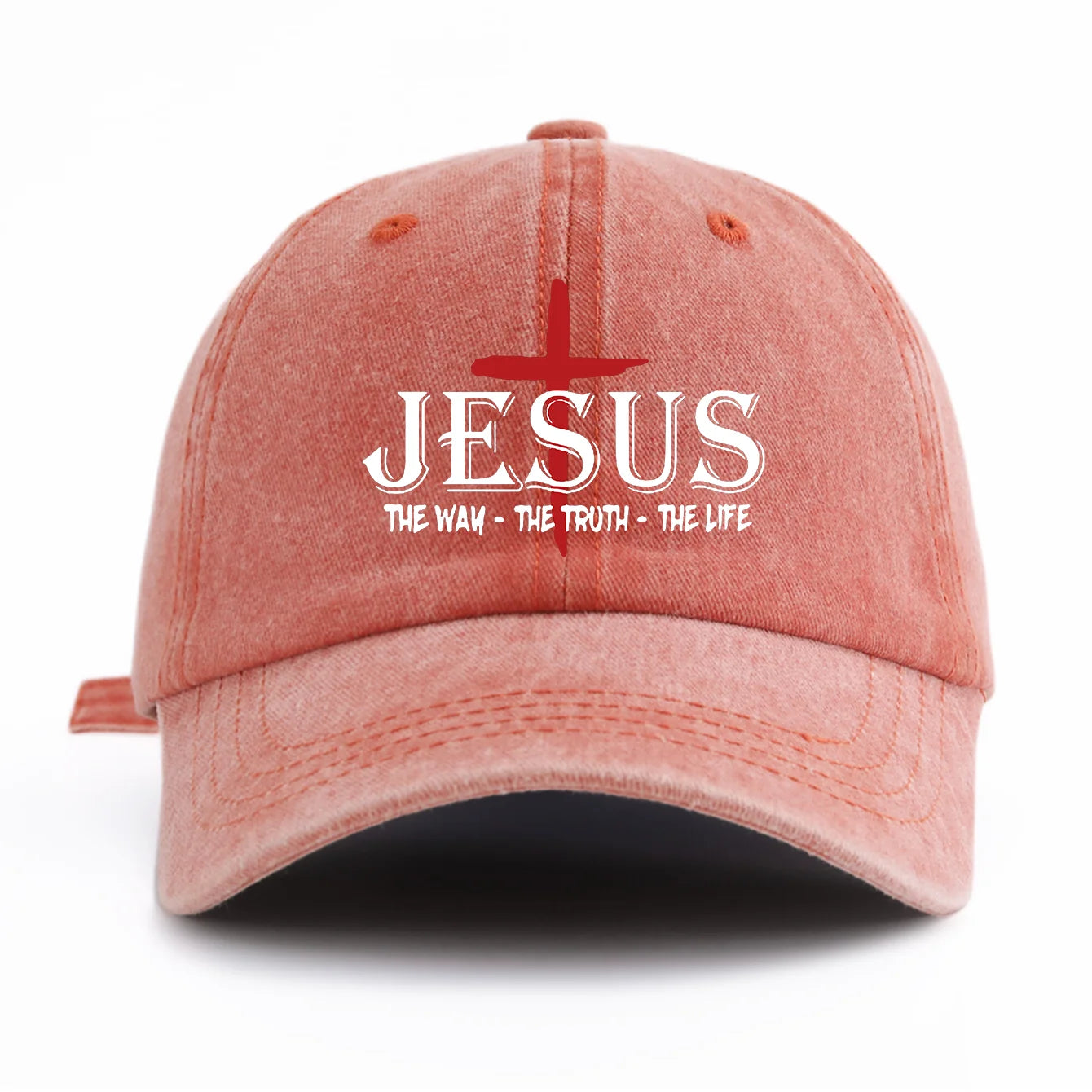 Pink cap with 'JESUS THE WAY - THE TRUTH - THE LIFE' text on a white background