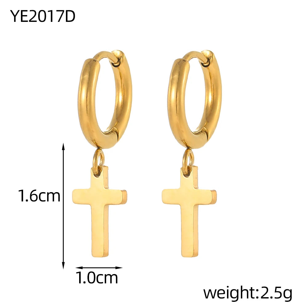 Gold hoop earrings with cross pendants on a white background, showing measurements and weight.