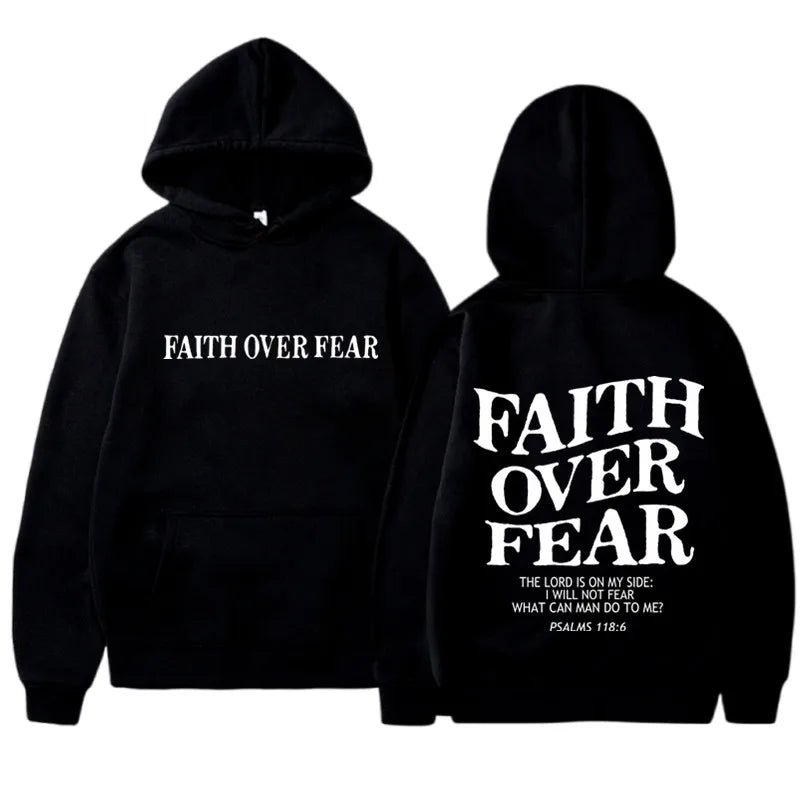 Black hoodie with 'Faith Over Fear' text on front and back
