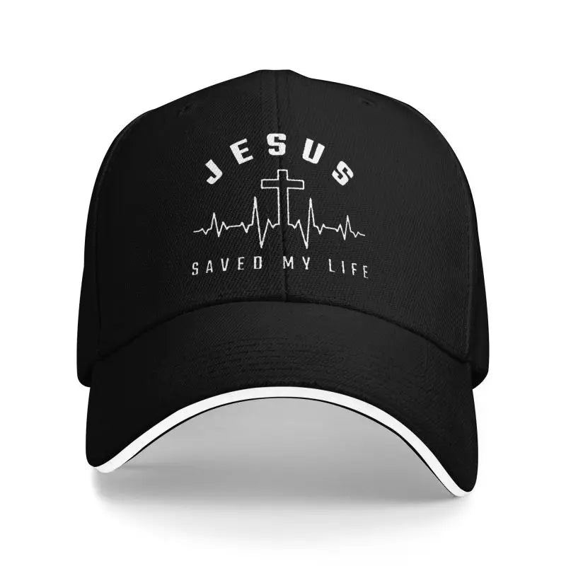 Black cap with white 'Jesus Saved My Life' on a white background