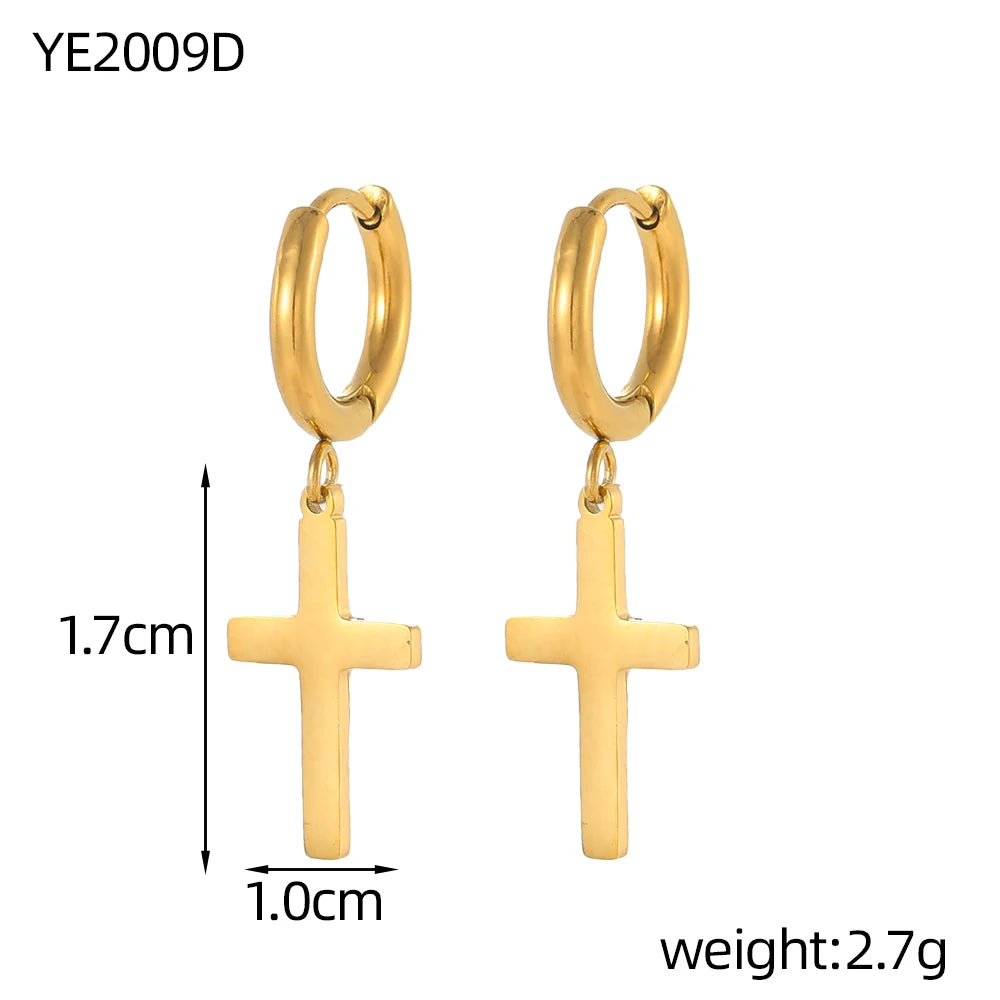 Gold hoop earrings with cross pendants, showing measurements and weight on a white background.