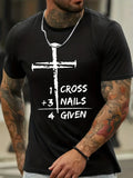 Person wearing a black t-shirt with a white cross design and text.