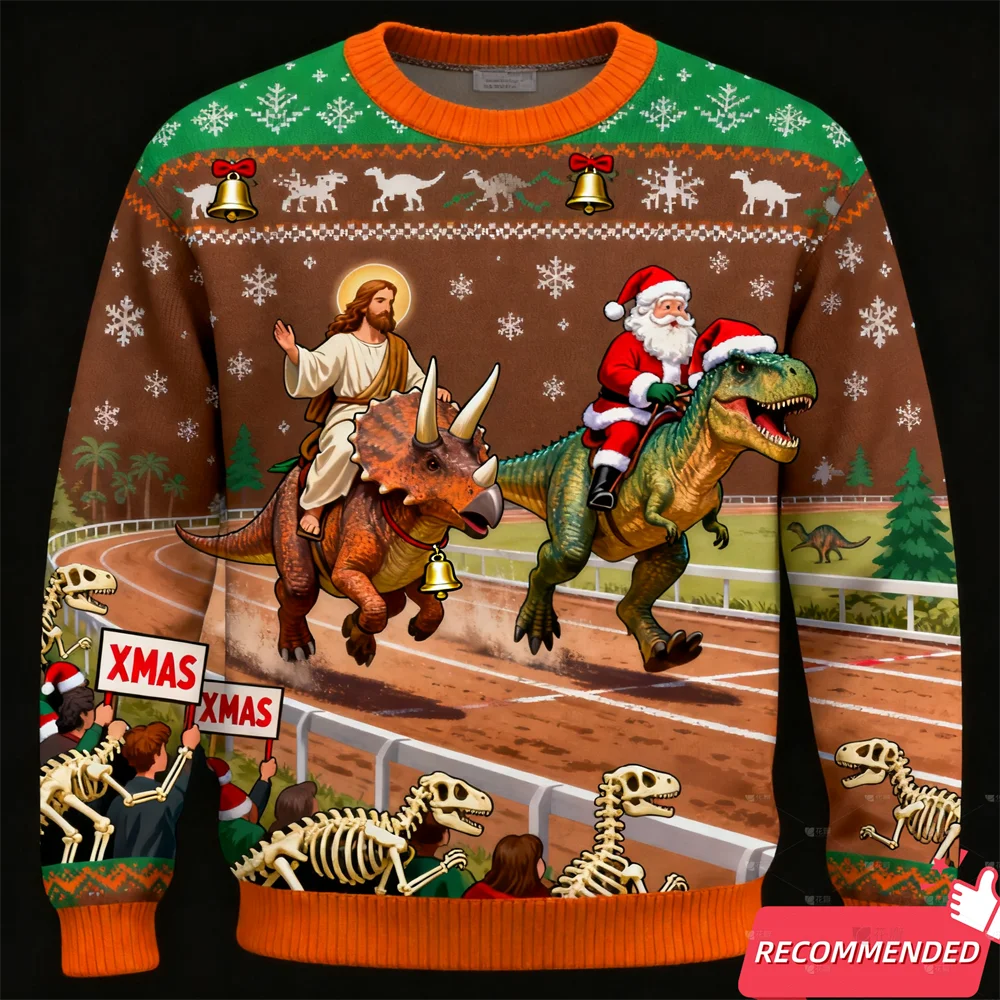 Ugly Christmas sweater with Jesus and Santa riding dinosaurs in a race track setting.