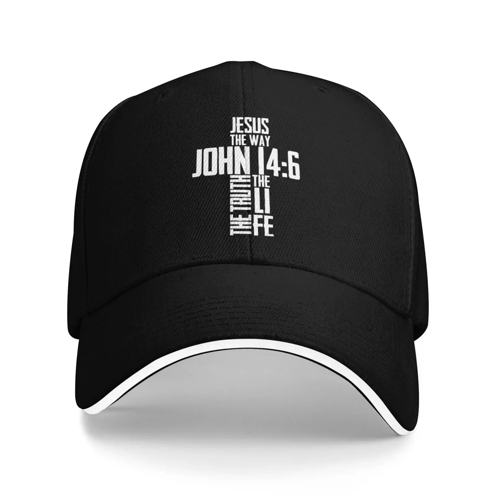 Black cap with a white "John 14:6" logo cross on a white background