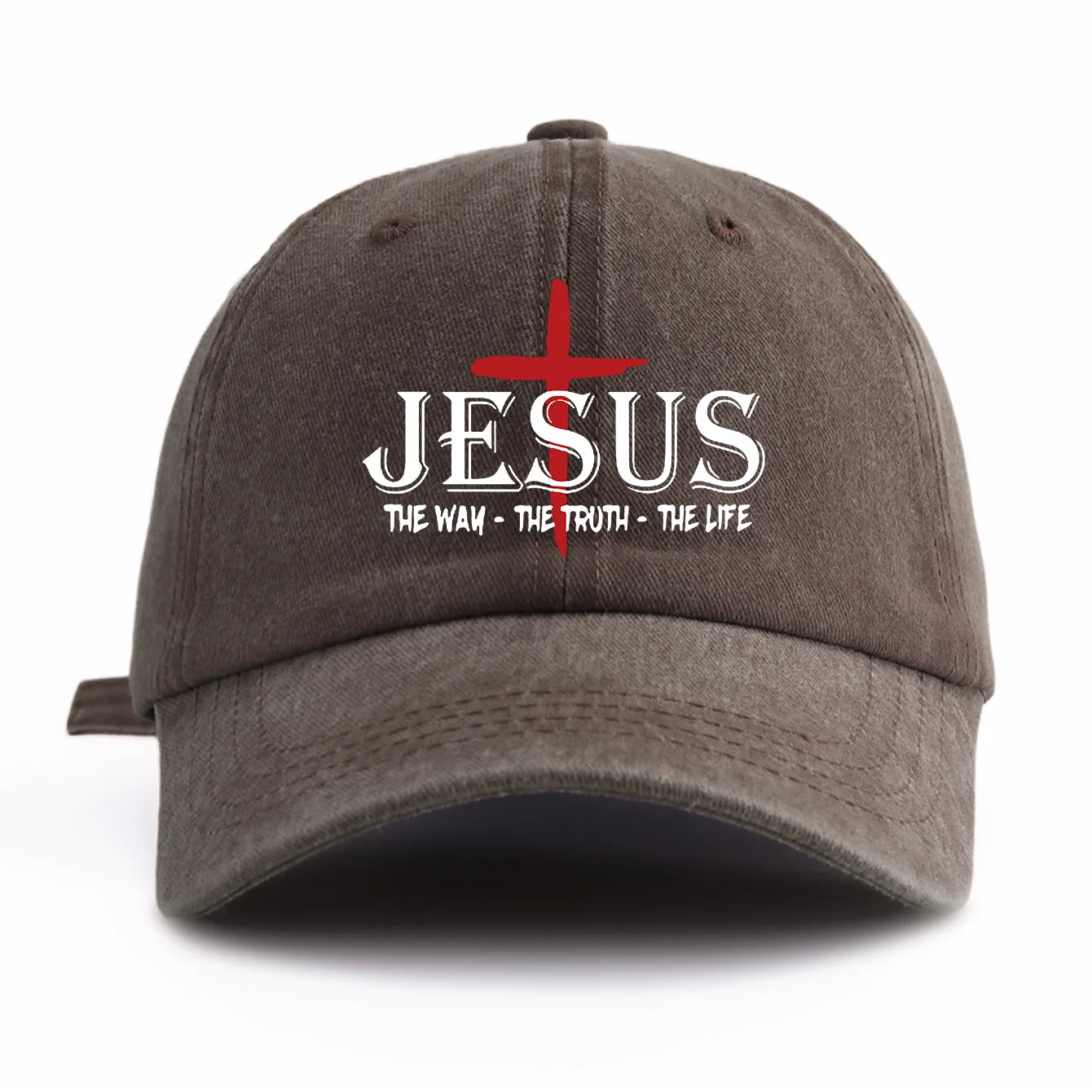 Brown cap with 'Jesus The Way The Truth The Life' text and cross on a white background