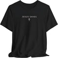 Black t-shirt with 'Jesus Saves' text and cross on a white background