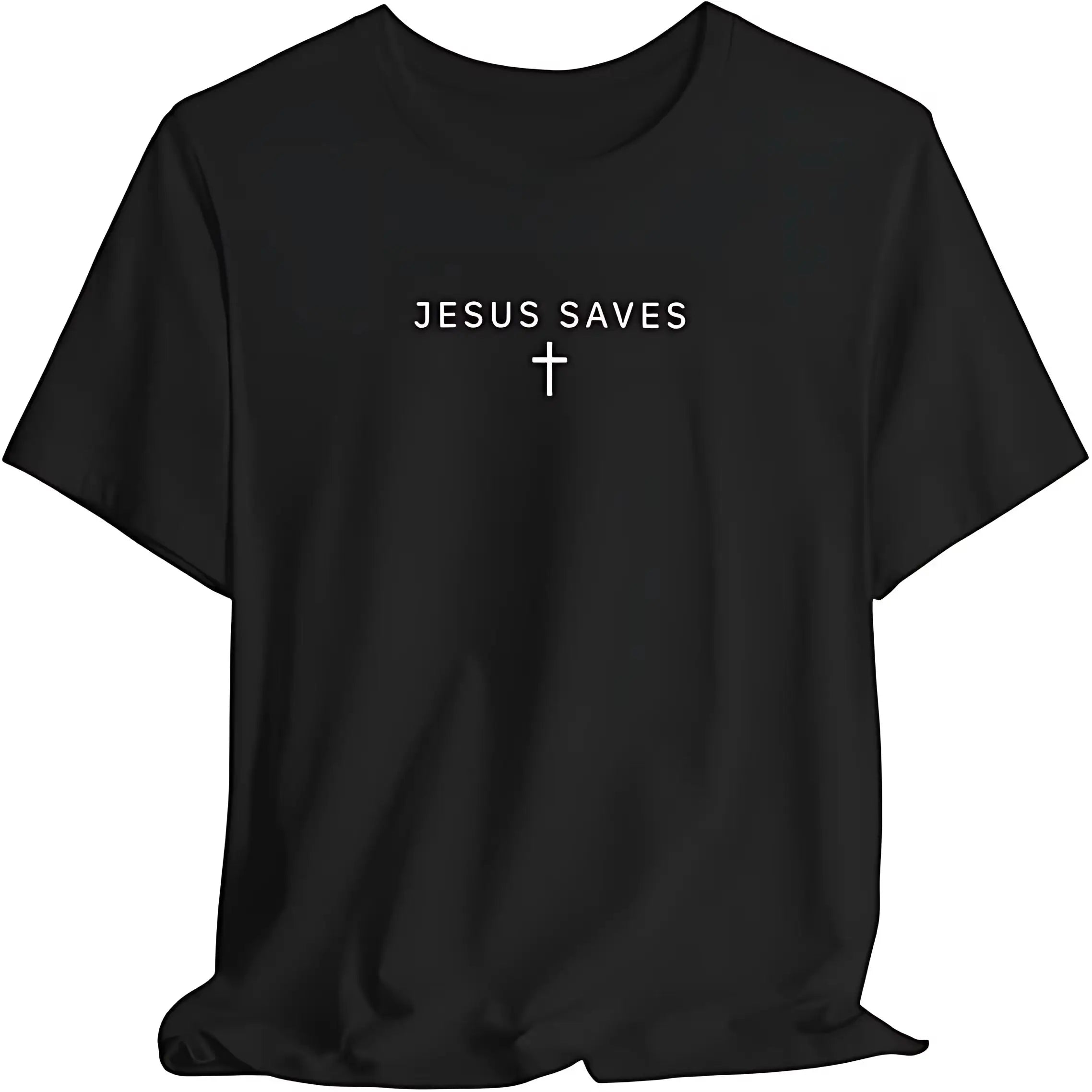 Black t-shirt with 'Jesus Saves' text and cross on a white background