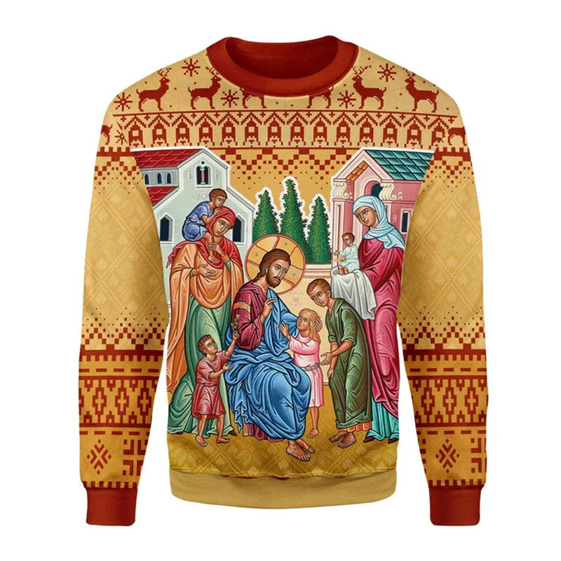 Sweater with religious-themed design featuring figures and buildings on a beige background.