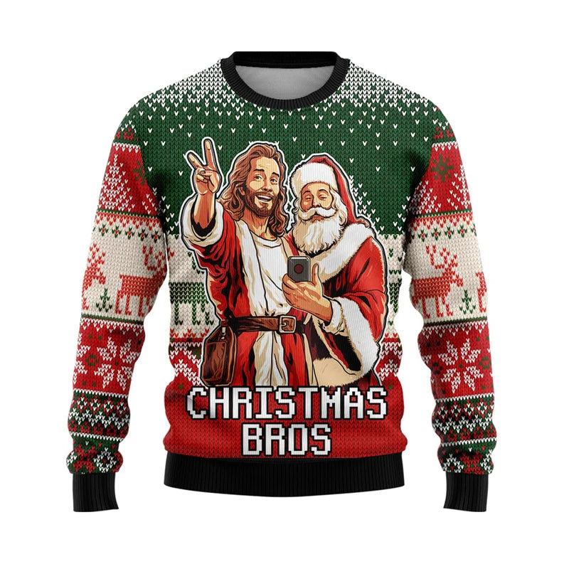 Ugly Christmas sweater with graphics of Jesus and Santa Claus taking a selfie, labeled 'Christmas Bros'.