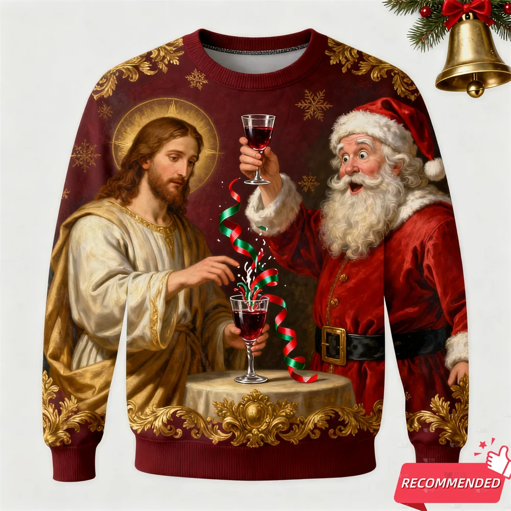Sweater with Jesus and Santa Claus design, featuring a glass of wine and Christmas decorations.