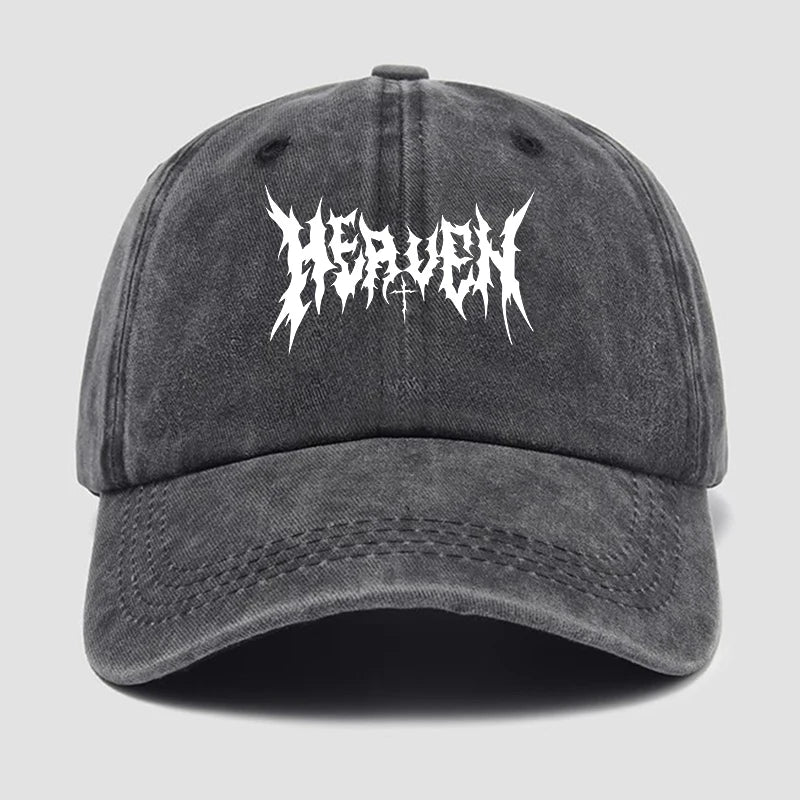 Black cap with white 'HEAVEN' text on a light gray background