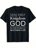 Black t-shirt with white text 'Seek first the Kingdom of God' from Matthew 6:33 on a white background