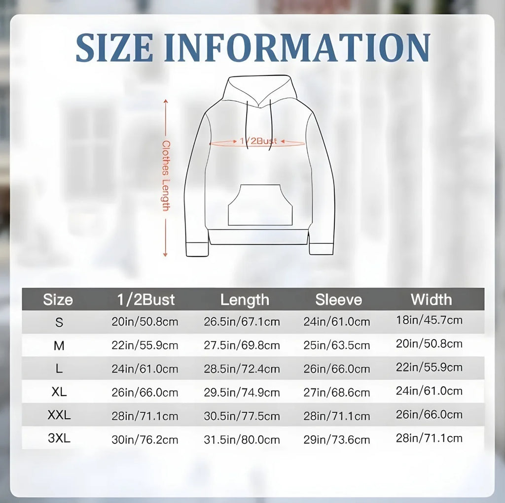Size chart for a hoodie with measurements in inches