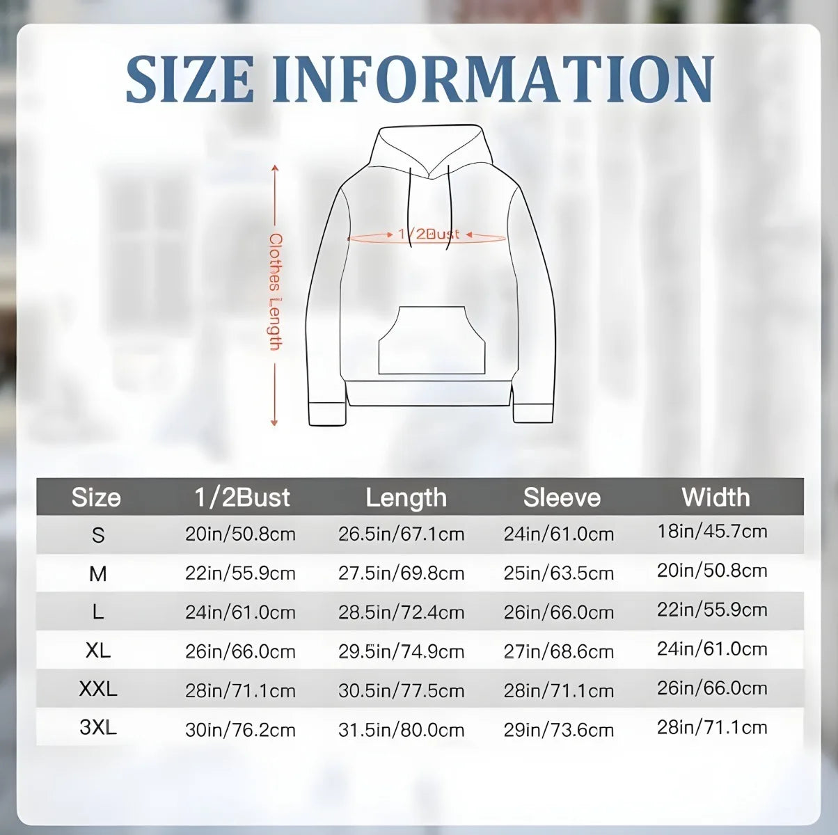 Size chart for a hoodie with measurements in inches