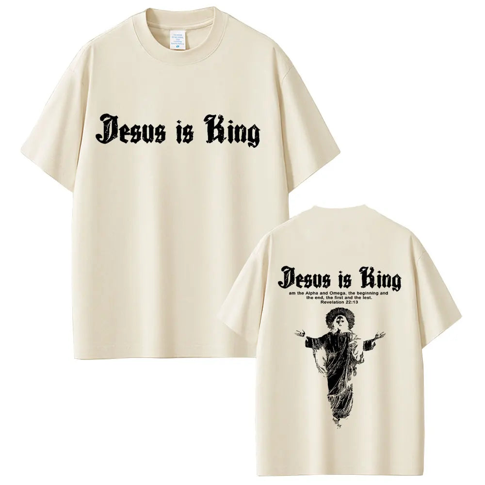 Beige t-shirt with 'Jesus is King' text on front and back