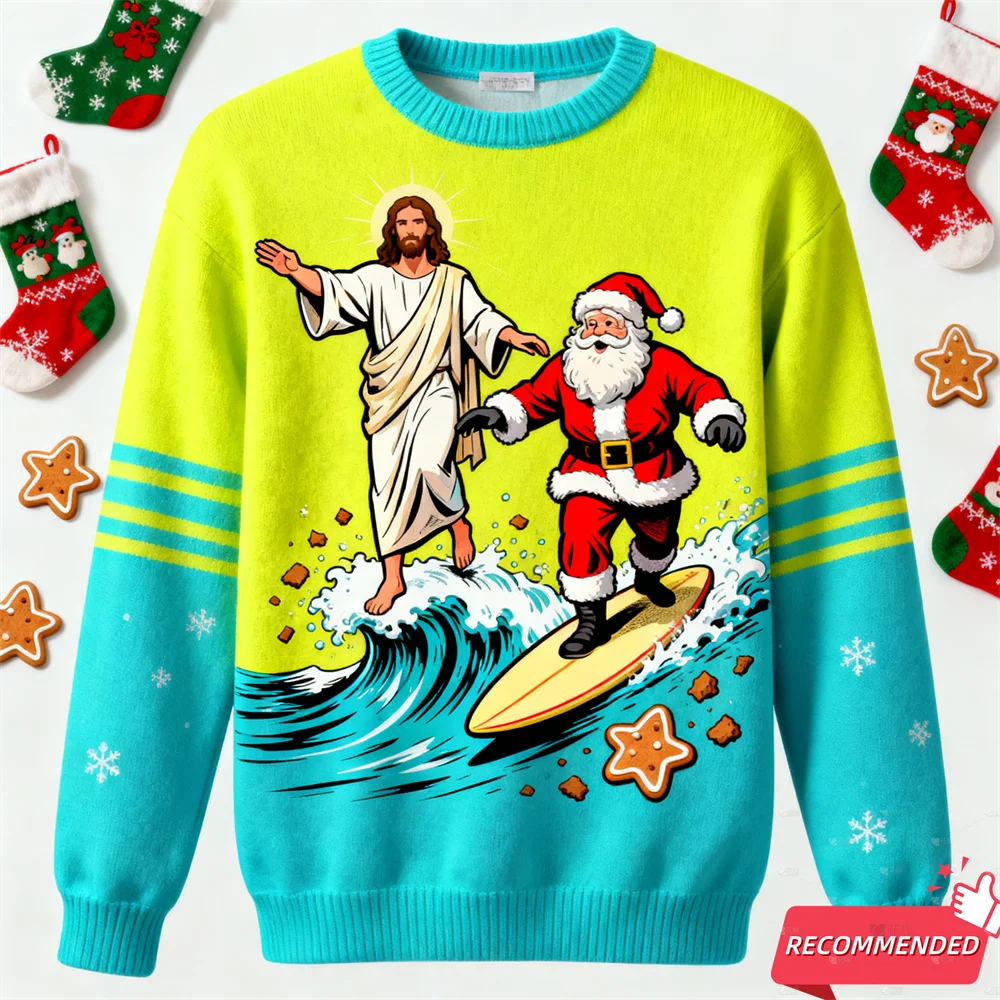 Colorful sweater with Jesus and Santa Claus surfing design on a white background with Christmas decorations.