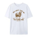 White t-shirt with a sheep graphic and text on a white background