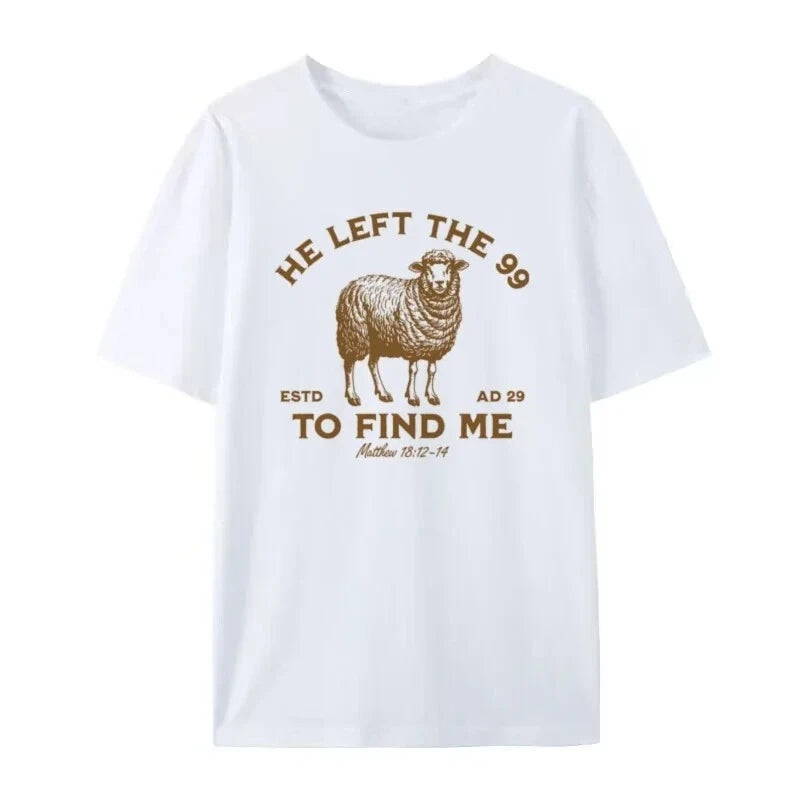 White t-shirt with a sheep graphic and text on a white background