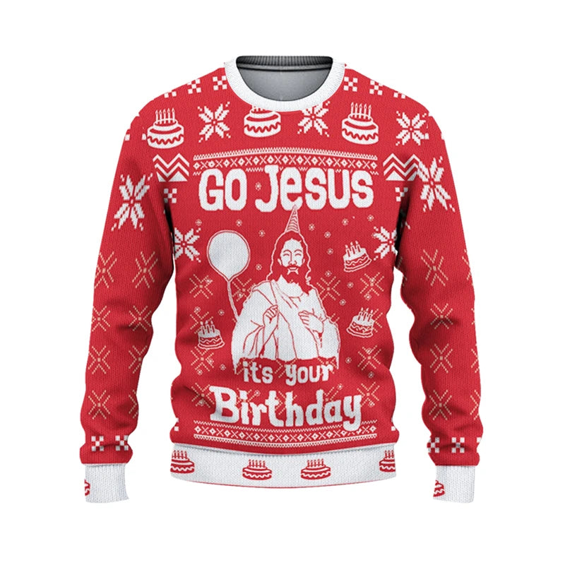 Red sweater with 'Go Jesus it's your Birthday' text and graphic on a white background