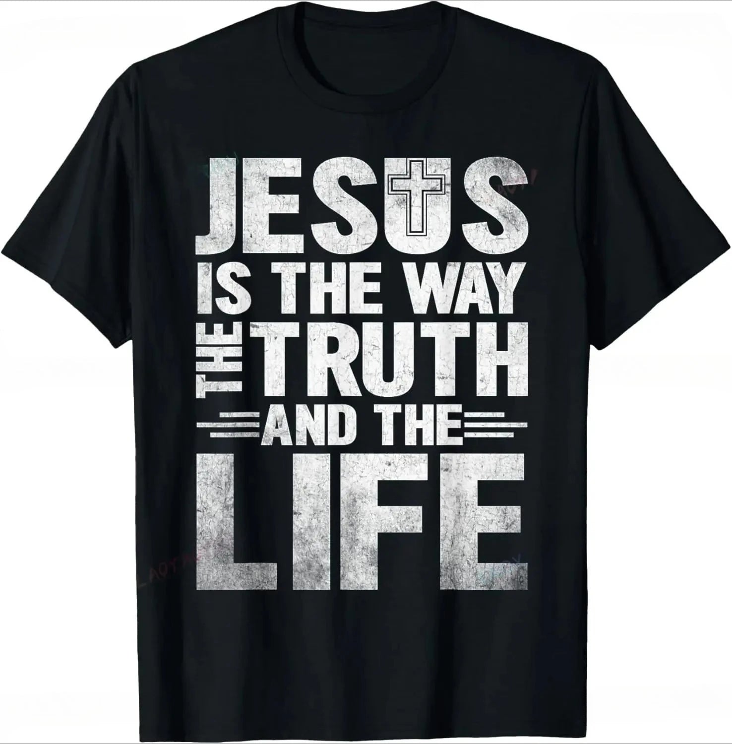 Black t-shirt with white text 'Jesus is the way, the truth, and the life' on a white background