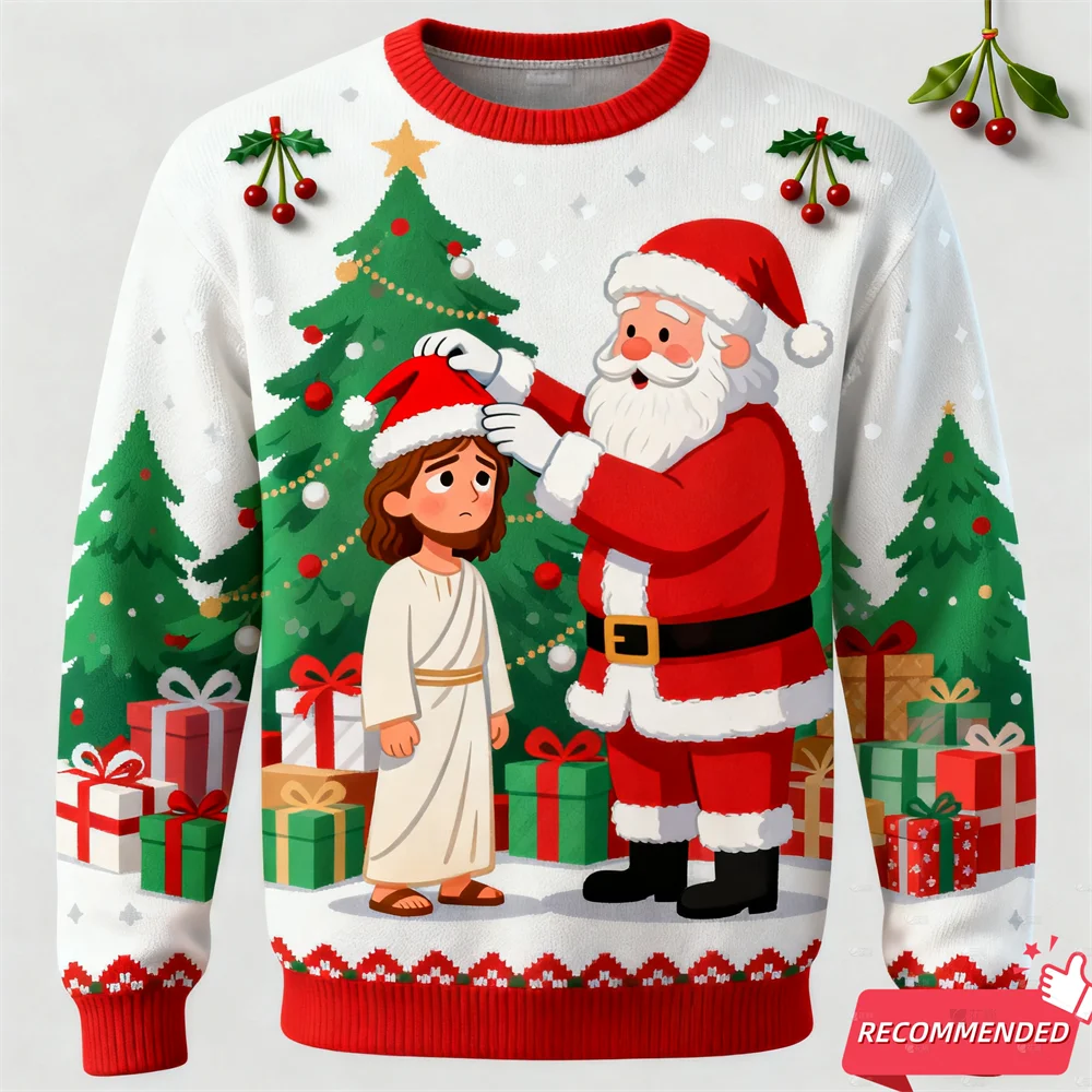 Christmas-themed sweater with Santa Claus and a child design, surrounded by Christmas trees and presents.