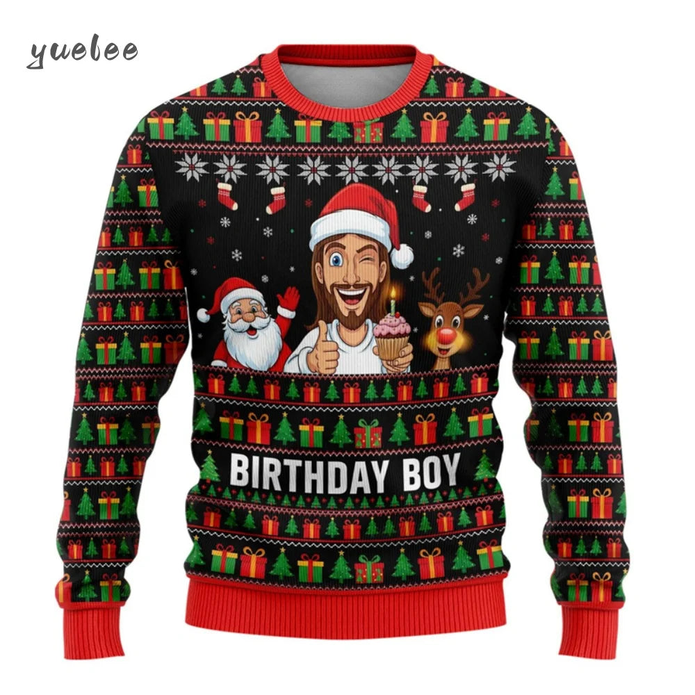 Christmas-themed sweater with cartoon characters and 'Birthday Boy' text on a black background.