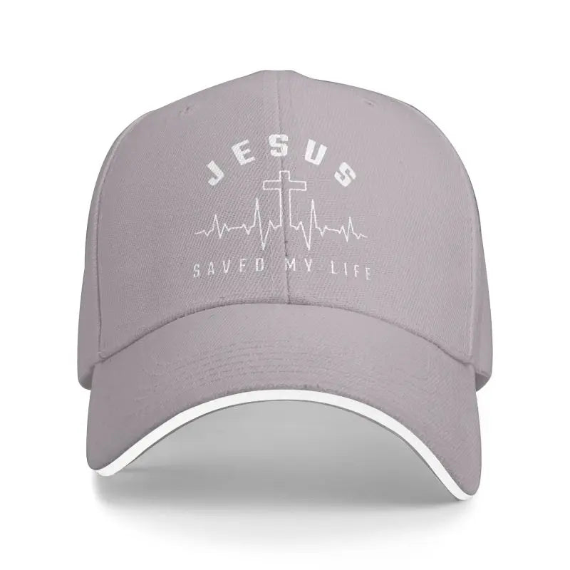 Gray cap with 'Jesus Saved My Life' text on a white background