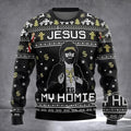 Ugly Christmas sweater with 'Jesus is my homie' design on a gray background
