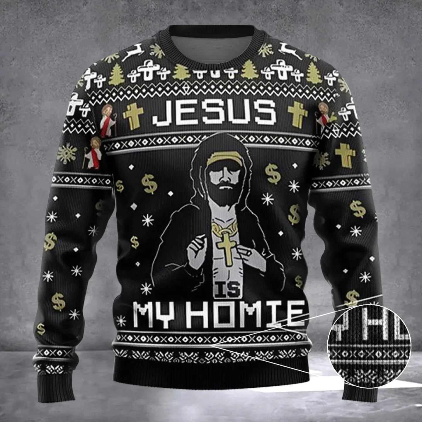 Ugly Christmas sweater with 'Jesus is my homie' design on a gray background