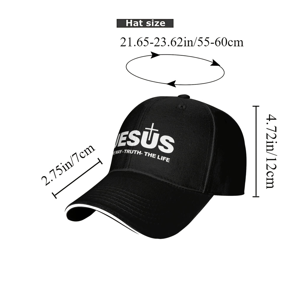 Black cap with 'Jesus The Way - Truth - The Life' text and measurements on a white background