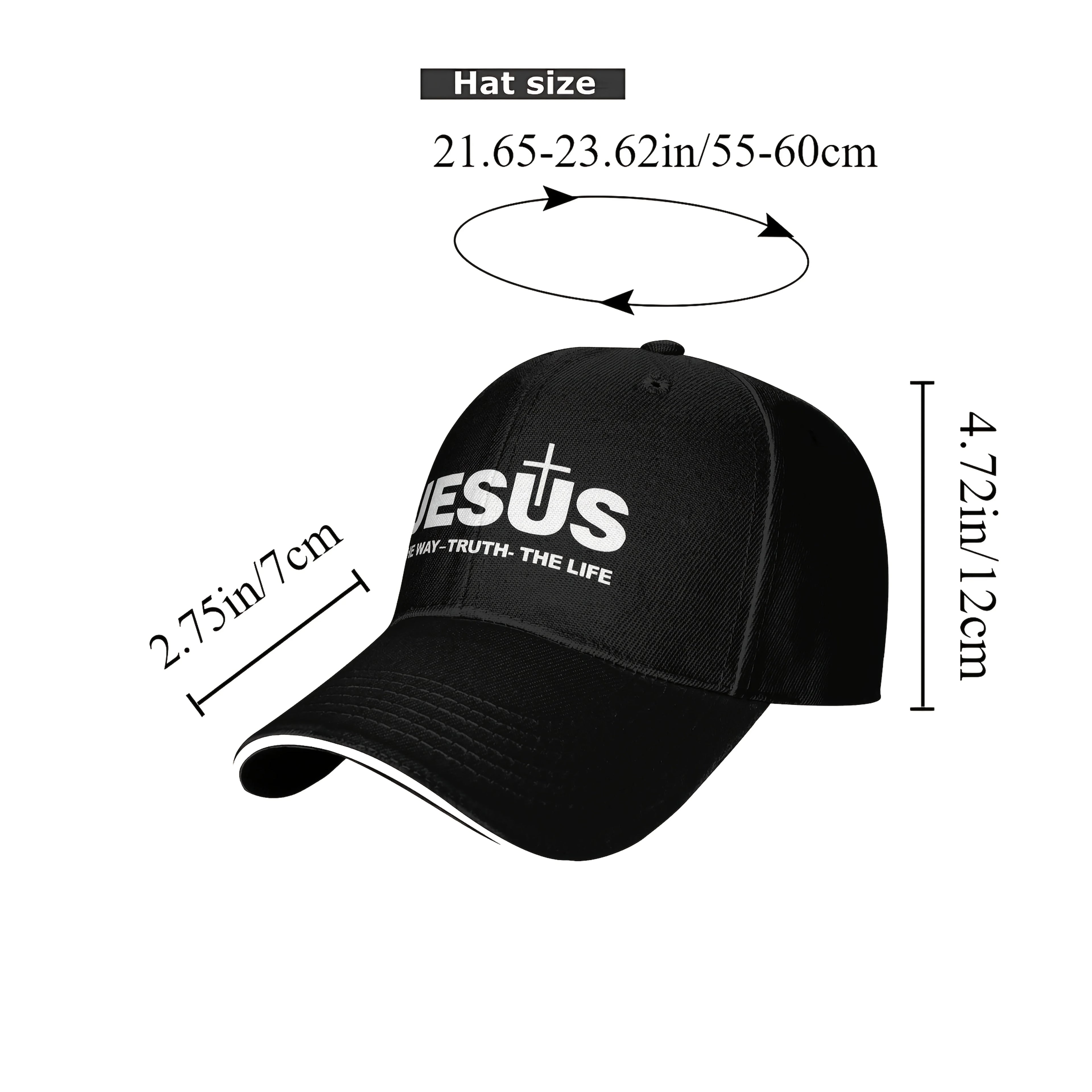 Black cap with 'Jesus The Way - Truth - The Life' text and measurements on a white background