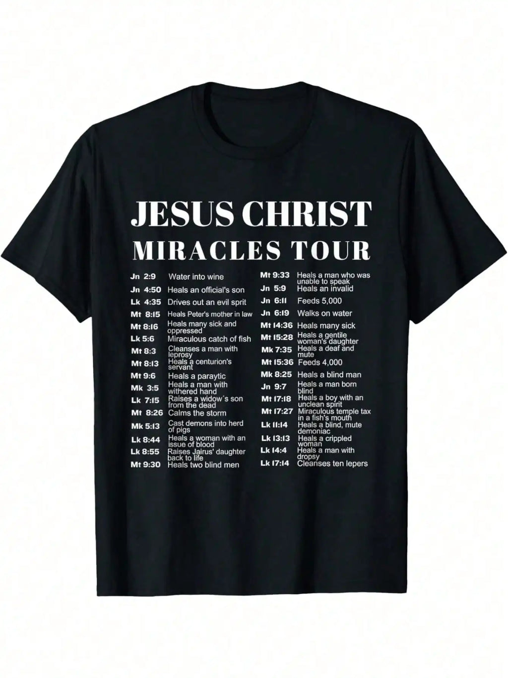 Jesus Miracles Tour Tee in black color, back view.