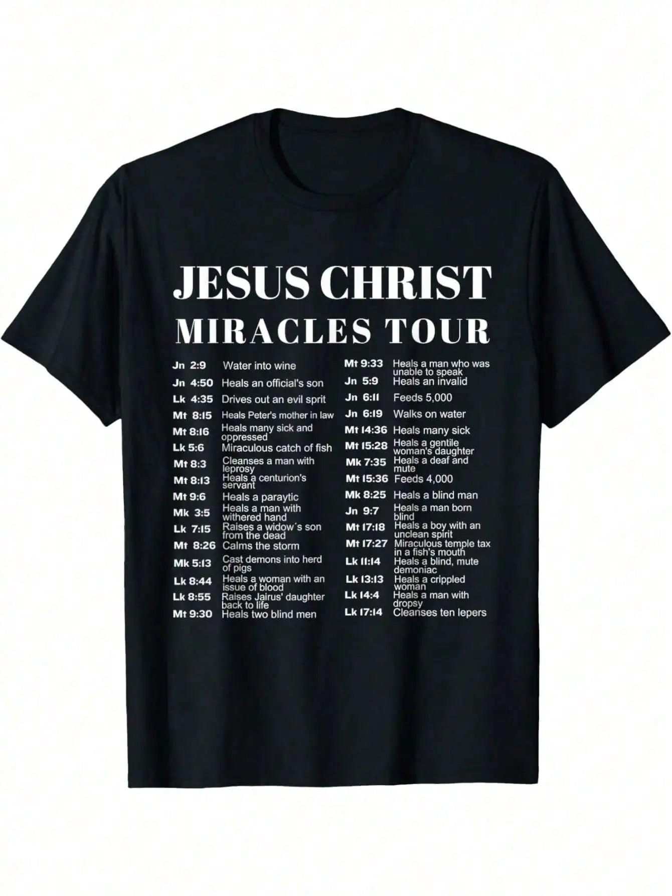 Jesus Miracles Tour Tee in black color, back view.