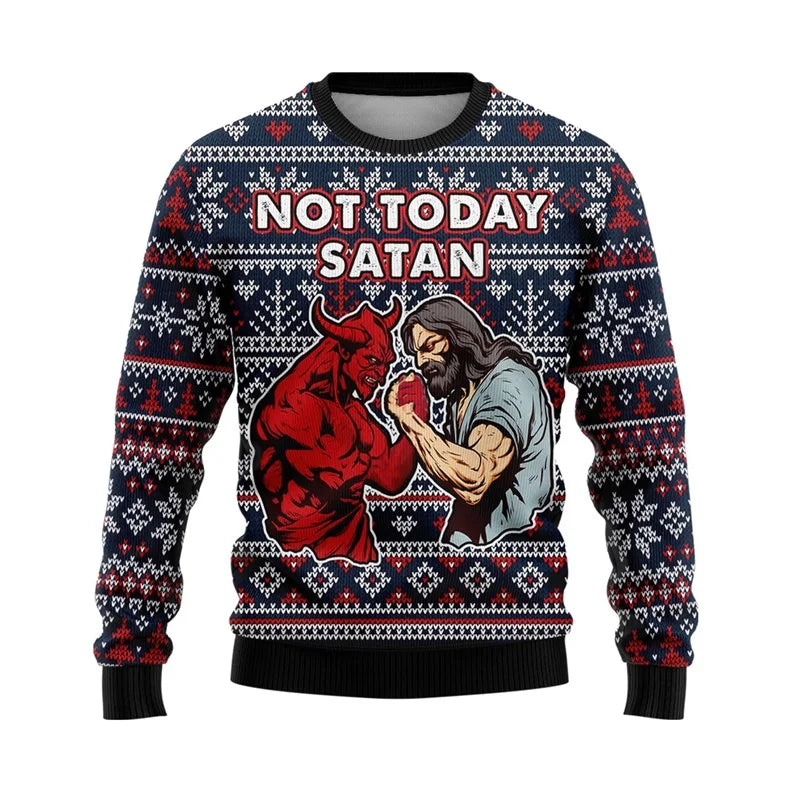 Ugly Christmas sweater with 'Not Today Satan' design featuring a muscular figure and red devil.