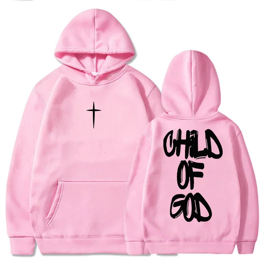 Pink hoodie with a cross on the front and 'Child of God' text on the back