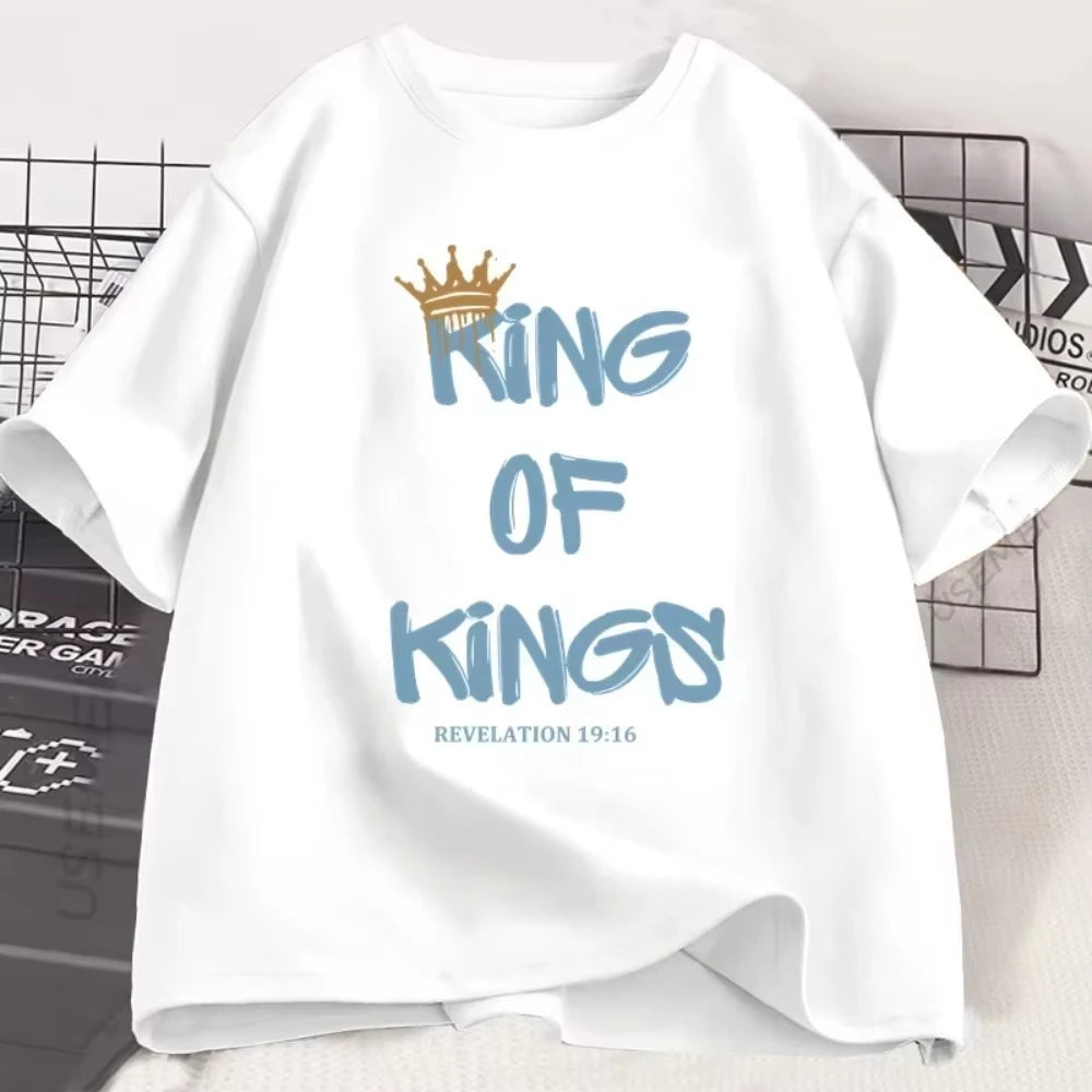 White t-shirt with 'King of Kings' text and crown graphic on a white background