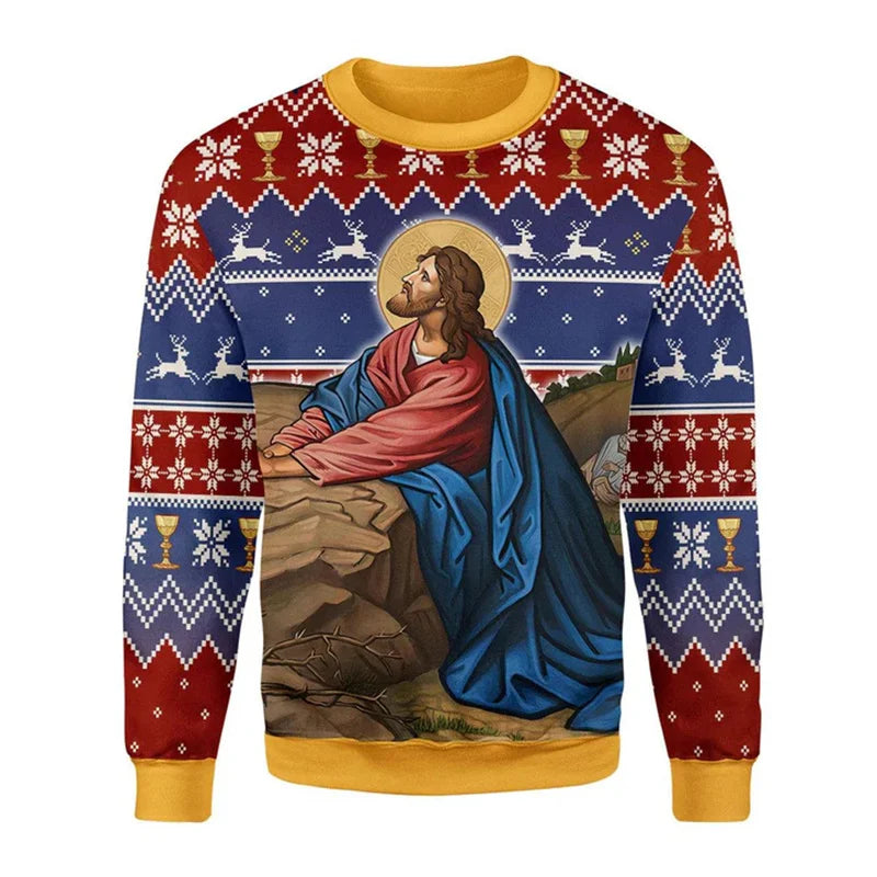 Sweater with religious design and festive patterns on a white background