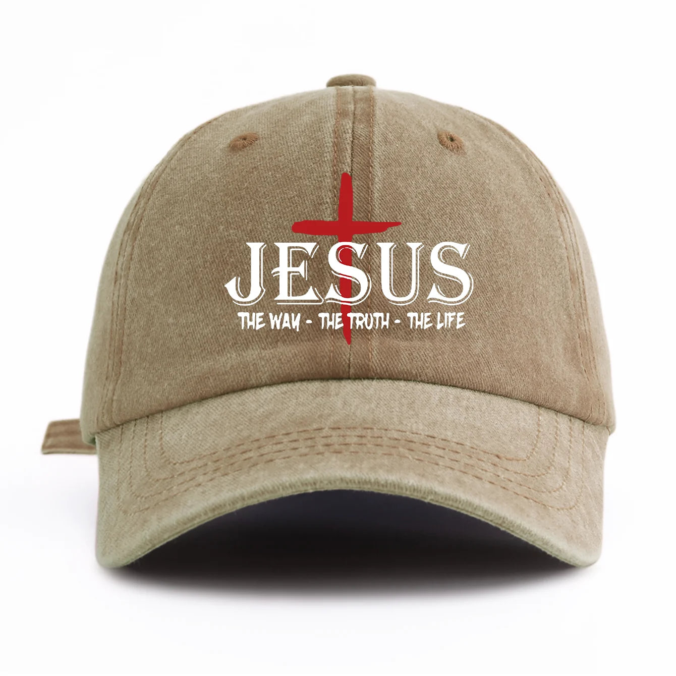 Beige cap with 'Jesus The Way The Truth The Life' text and red cross on a white background