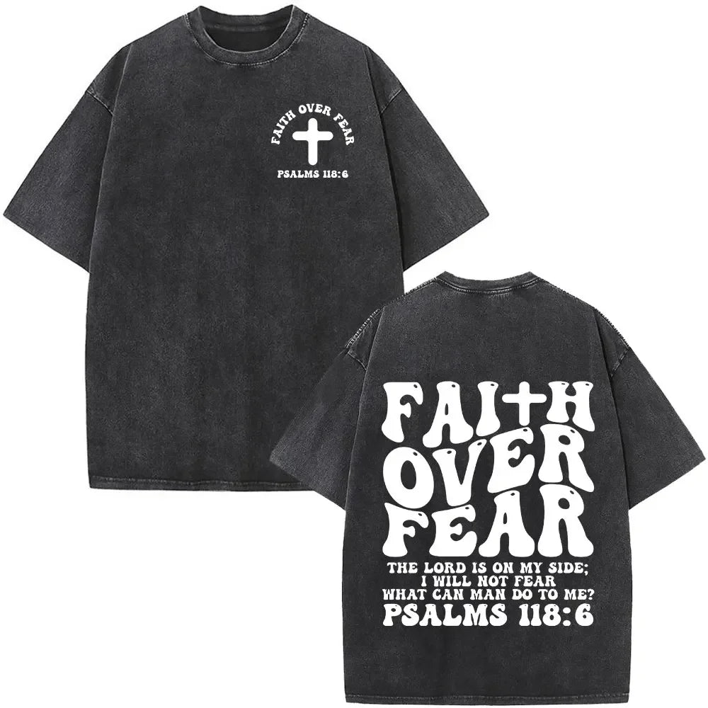 Black t-shirt with 'Faith Over Fear' text and Psalm 118:6 on a white background