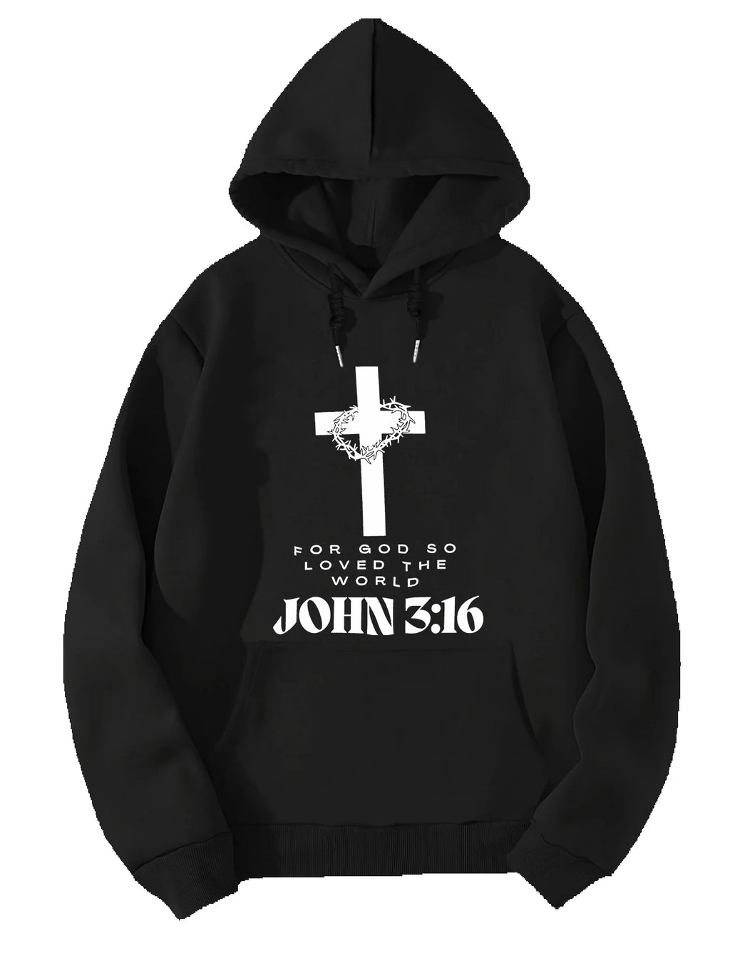 Black hoodie with a white cross and 'John 3:16' text on a white background