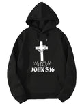 Black hoodie with a white cross and 'John 3:16' text on a white background