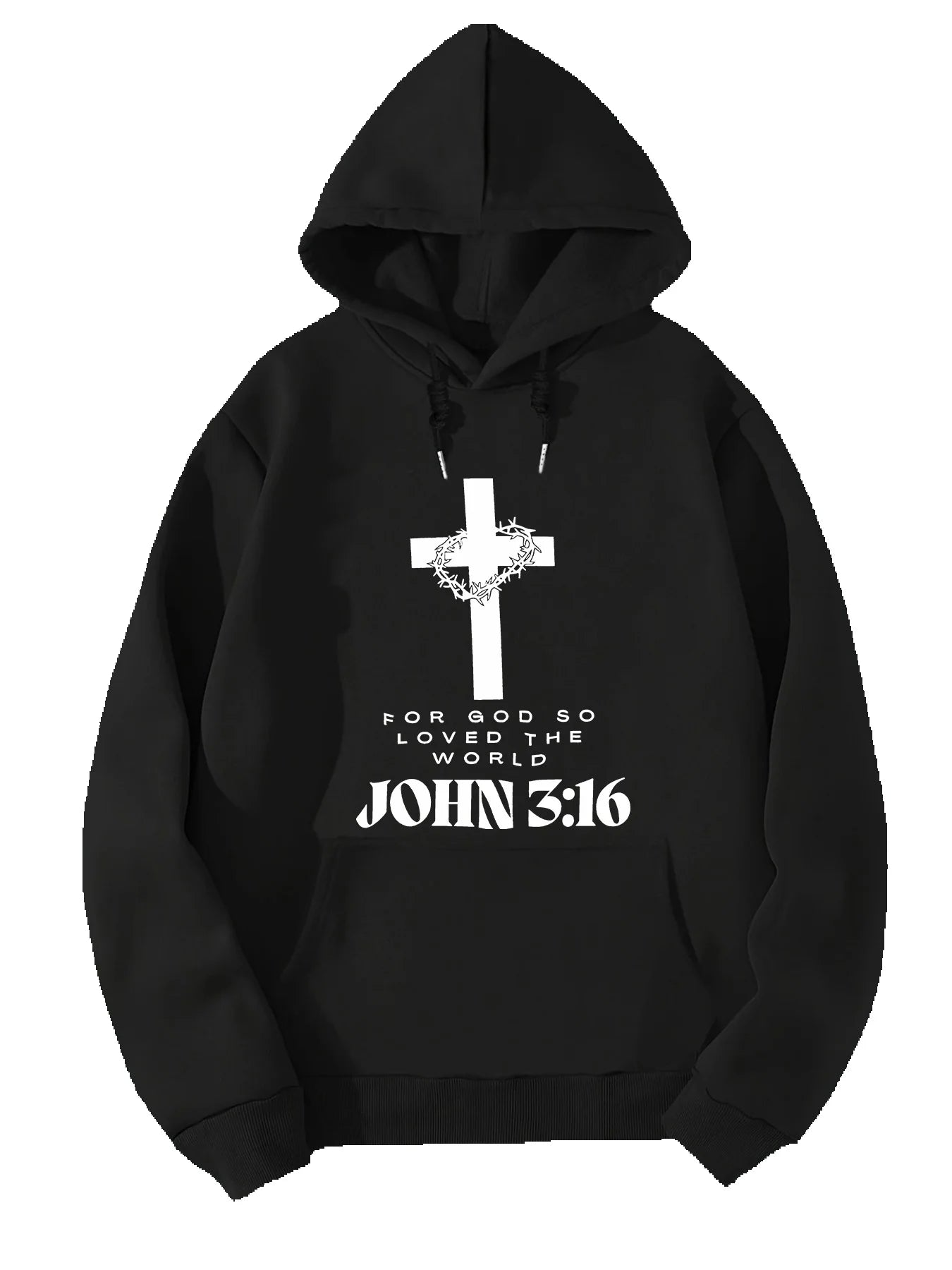 Black hoodie with a white cross and 'John 3:16' text on a white background