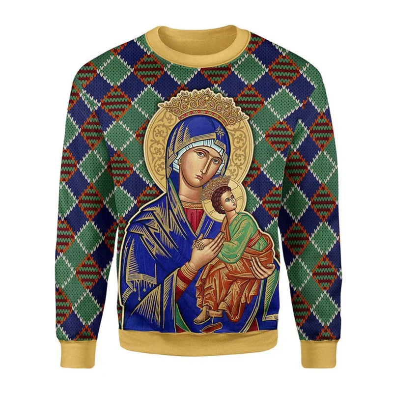 Sweatshirt with religious icon design on a plaid background