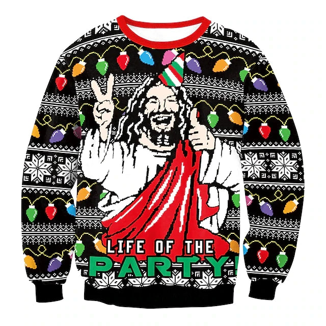 Sweater with a graphic of a person making a peace sign and 'Life of the Party' text, surrounded by Christmas lights.